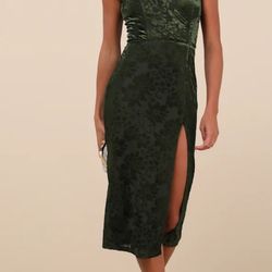 Enchantingly Chic Dark Green Velvet Burnout Strapless Midi