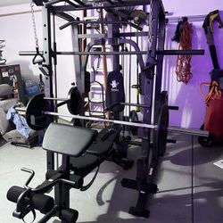 Vesta Fitness Smith Machine 1001 w/Bench Attachment | 230lb Bumpers Olympic Weights | 7ft Olympic Bar | Gym Equipment | FREE DELIVERY🚚 