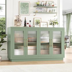 Buffet Cabinet with Storage, 55.1" Large Sideboard Cabinets, Modern Sideboard Kitchen Cabinet with 4 Fluted Glass Doors, Wood Coffee Bar Buffet Table 