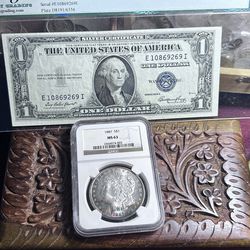 1887 One Dollar Us Morgan Silver Ms 63 And Gc With A Graded Blue Ink Series 1935