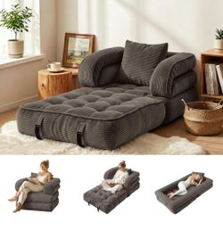 Folding Sofa Bed, Convertible Sleeper Chair with Armrests, Foldable Corduroy Boneless Bed, 3-in-1 Portable Futon Couch Floor Sofa with Pillow for Bedr