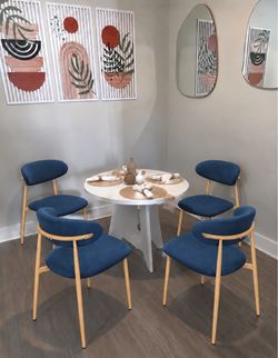 Blue Dining Chairs Set of 4 Mid-Century Modern Kitchen & Dining Room Chairs with Linen Seat and Metal legs