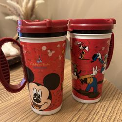Disney whirley mug Celebrate Today red lid and handle Set of 2