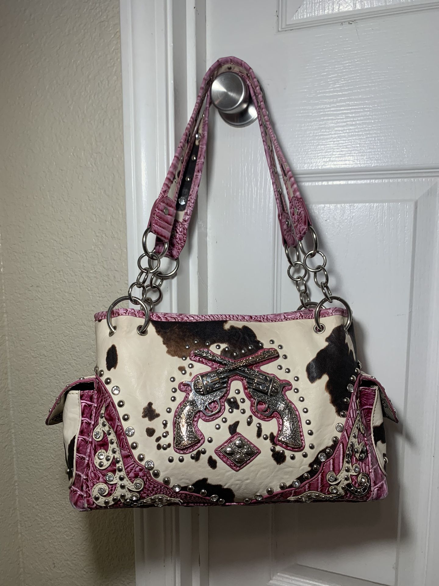 Western Guns Pink Bling Cow Print Satchel Purse Size Large Super Clean!