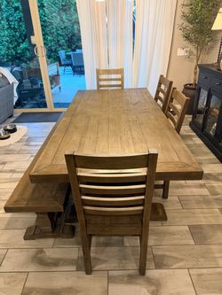 84” Dining table & 4 chairs/1 bench