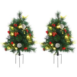 New in box-24in Christmas Tree 2-Pack Outdoor Pre-Lit Artificial Pine Cordless with 24 Warm White Lights and Stakes