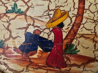 Vintage 11.5" Mexican Folk Art Crackle Wood Tray Rope Handles Rancho Monterey St