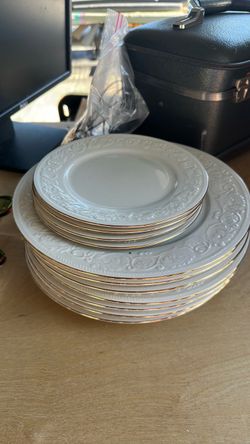 White Ceramic Plates with Gold Rim Set