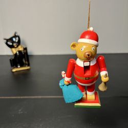 Vintage 1990s Red Coat Bear With Presents Horn Nutcracker Christmas Ornament 5”