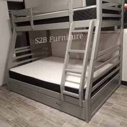 Twin Full Grey Bunkbed With Orthopedic Mattress Included 