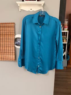 Zara Teal Satin Button-Up Shirt XS Size Only Worn Once