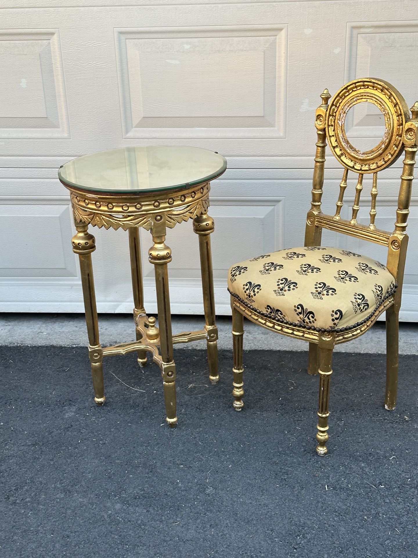 Vintage French style Hollywood regency Gold Leaf Vanity Chair And Side Table with mirror on top