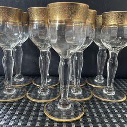  Etched Gold Trim Rim Cordial Glasses Set of 9 Liqueur Stem MCM Floral 4”