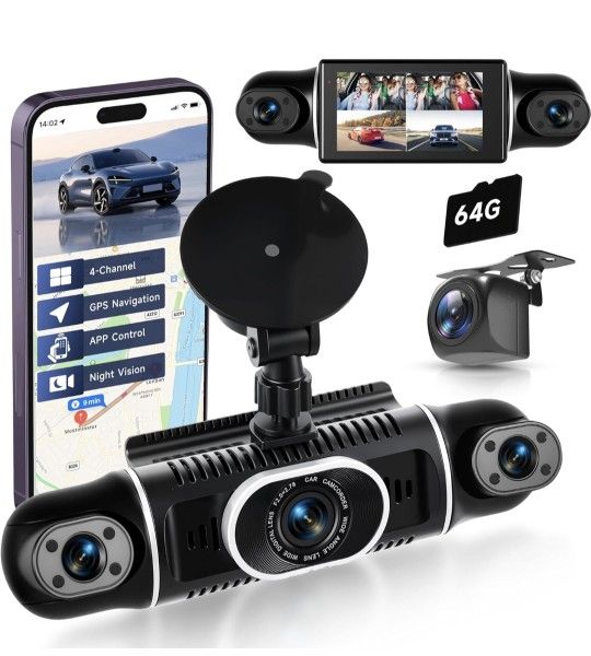 Dash Cam Front and Rear Inside 360° Dash Camera for Cars 4 Channel Dash Cam Front and Rear Inside,【2560 * 1440P】 IPS 4K/2K Mini Dashcam,WiFi GPS Night