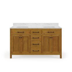 PRESIDENTS DAY SALE - 60" Brown Solid Wood Bathroom Vanity with Marble Top (P)
