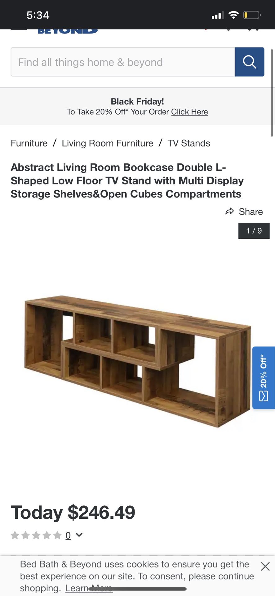 Abstract Living Room Bookcase Double L-Shaped Low Floor TV Stand with Multi Display Storage Shelves&Open Cubes Compartments 