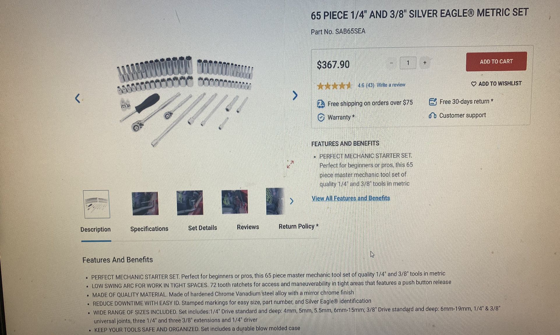 Matco Tools 65 Piece 1/4 And 3/8 Silver Eagle Metric Set 