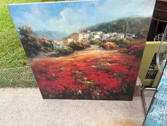 Large Oil Painting Red Poppy Field Village Landscape