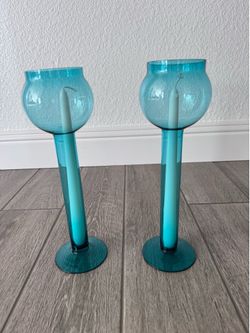 Mid-Century Teal Hand Blown Glass Candle Holders