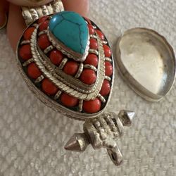 Vintage Turquoise and Red jasper Stone Silver Pendant necklace charm  with hidden locket compartment to stash misc items  Handmade in Oman