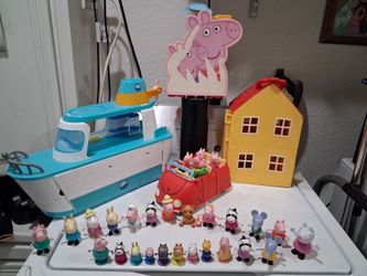 Peppa pig s set. Good condition.  Cruise ship Playstation,  pepas car, peppas case, and peppa's house.