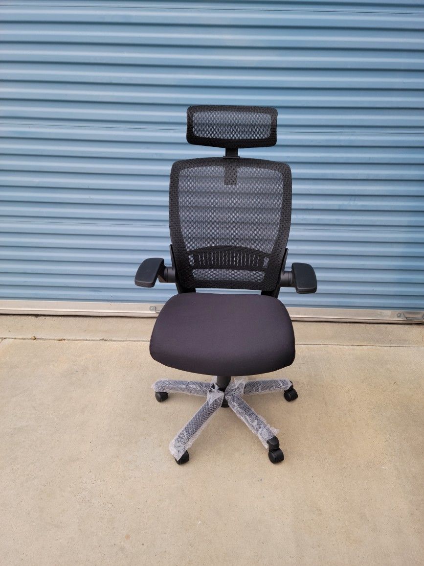 Adjustable High-Back Office Chair with Flip-Up Arms and Headrest, Contoured Mesh Seat - Black, 25.5"D x 26.25"W x 49.25"H