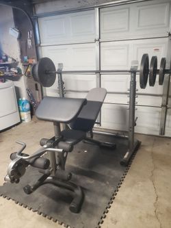 Olympic Weight Set With Weight Bench With Squat Rack ,Leg Developer & more 255lbs All Together Read Description Below