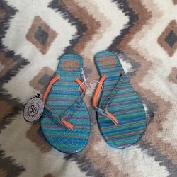 Authentic American heritage blue stripe style glitter flat sandals size s (5-6)