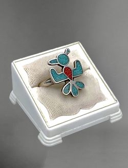 Vintage Peyote Bird Sterling, Turquoise & Coral Ring
