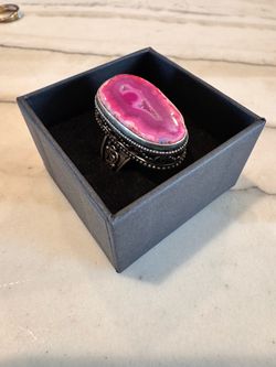 Pink Agate Stone Silver Filigree Statement Ring