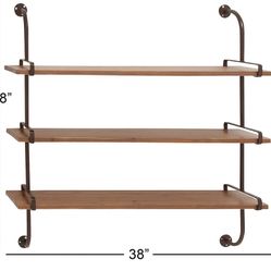 2 - Wooden 3 Level Wall Shelf with Metal Brackets