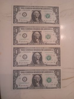 Consecutive Serial Number $1 Bills Set of 4