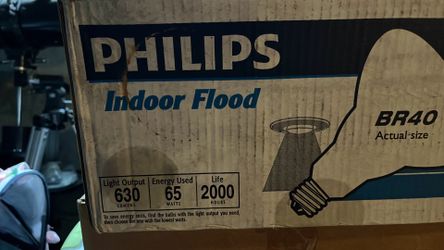 Philips BR40 flood lights. Open box of 12 new bulbs.