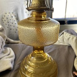 Vintage Yellow Glass Hurricane Oil Lamp - Risdon Eagle Burner & Pedestal Base