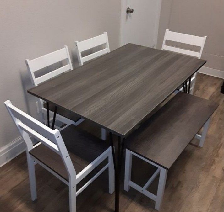 Grey and White Finish Wood Dining Table Set with Bench