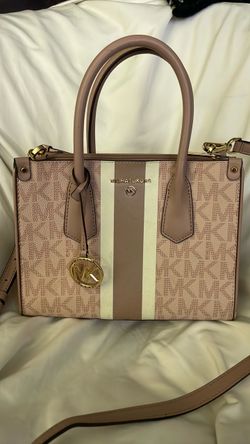 Michael Kors Maple Small Satchel in blush pink and signature MK monogram print.