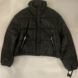 Guess Cropped Faux Leather Puffer Jacket 