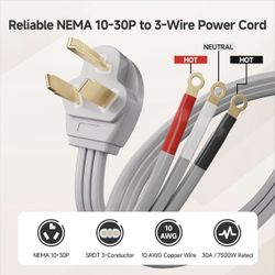10 AWG 3 Prong Dryer Cord - 6ft, 30A / 7500W Rated
