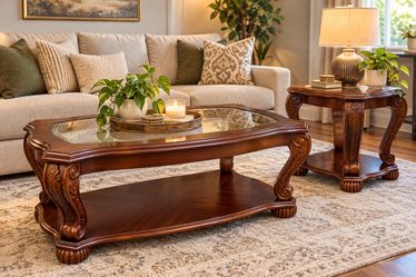 Carved Wood Coffee Table and Side Table Set with Glass Top