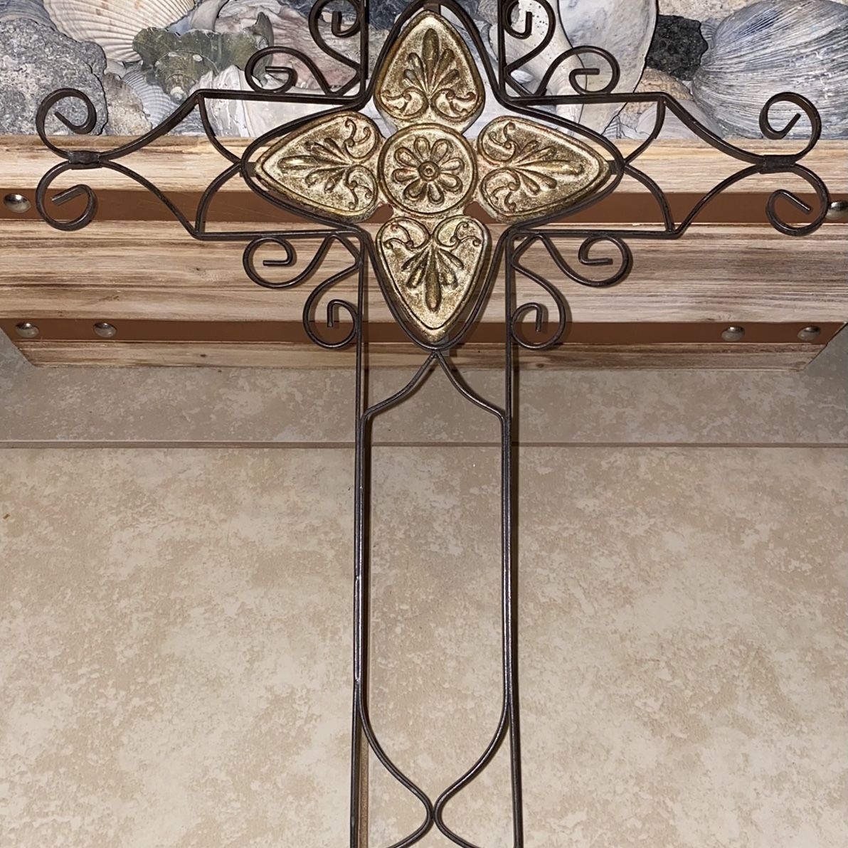 Decorative Carved Cross Dark Finish For Wall Hanging It’s approximately 23”L