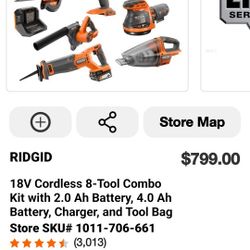 18V Cordless 8-Tool Combo Kit with 2.0 Ah Battery, 4.0 Ah Battery, Charger, and Tool Bag