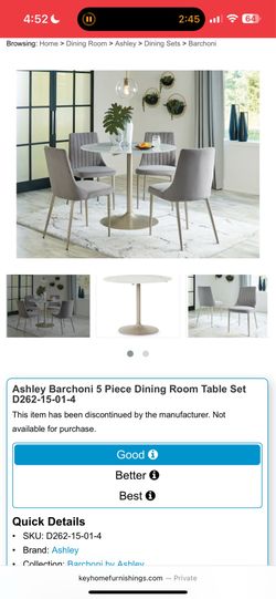 Full Ashley Dining Set - White Marble Glass Gold Legs table w/ grey soft chairs