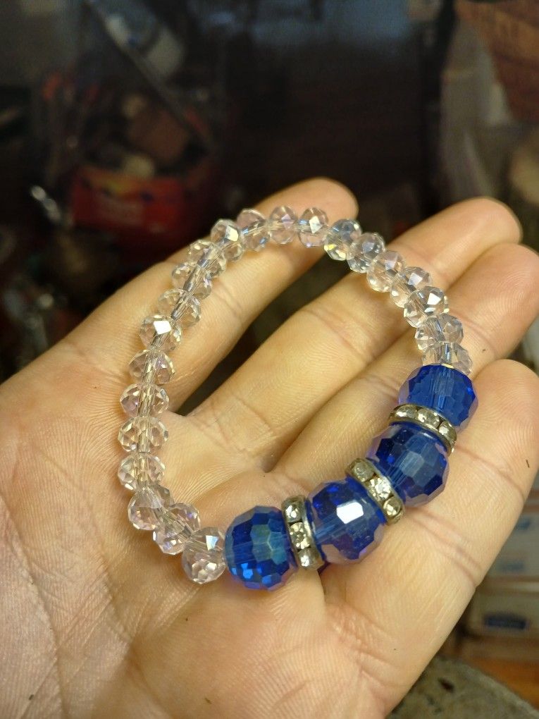 blue and clear glass beaded stretch bracelet with rhinestone spacers