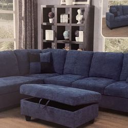 Blue Soft Microfiber Sectional Couch And Ottoman