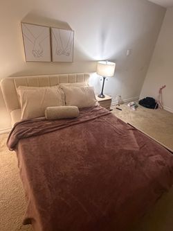 Queen Upholstered Bed Frame + Mattress — $350 OBO