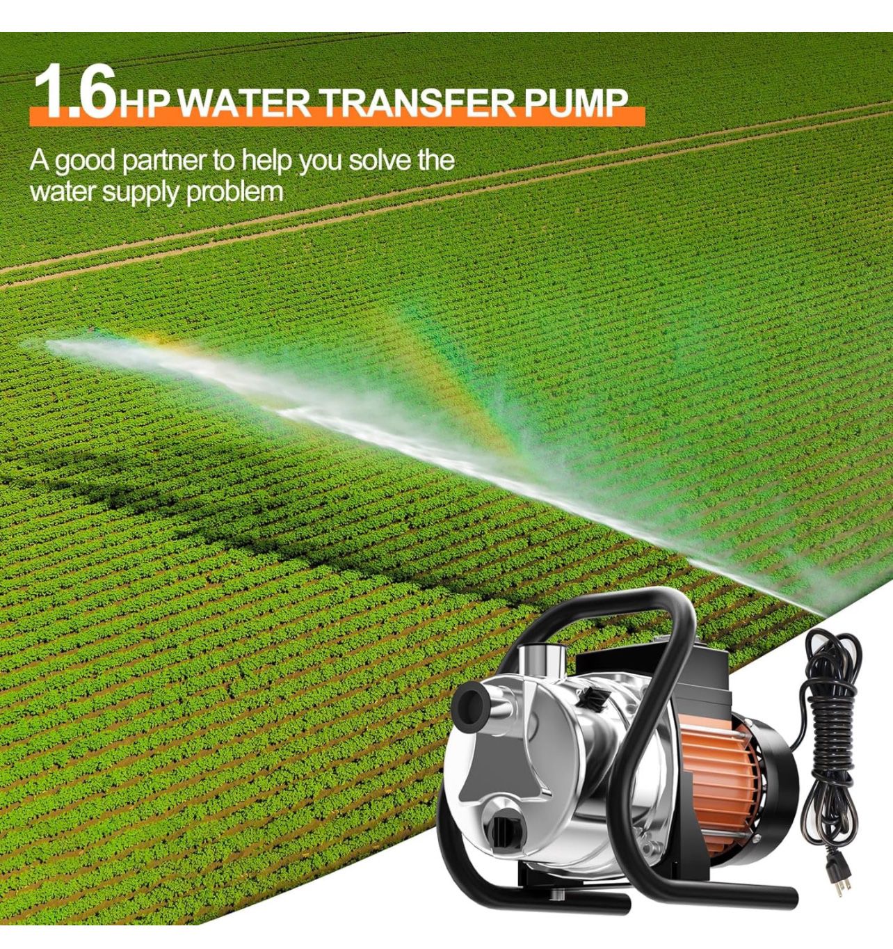 1.6HP Portable Water Transfer Pump 1200GPH Shallow Well Pump Garden Booster Sprinkler Pumps for Irrigation Lawn Farm Water Removal