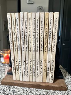 Vintage Woman’s Day Encyclopedia Cookbook 12 Volumes With Cast Iron Skillet Book Holder 