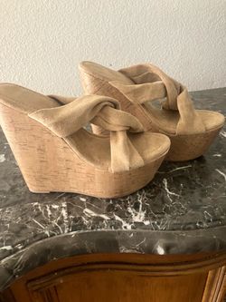 Tan Suede Cork Wedge Sandals Size 38