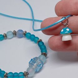 Mushroom Charm Necklace And Bracelet Jewelry Set In Blue, Free Gift Bag