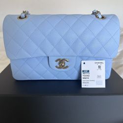 New 23P Chanel Small Baby Blue/ Bleu Clair Classic Caviar Gold